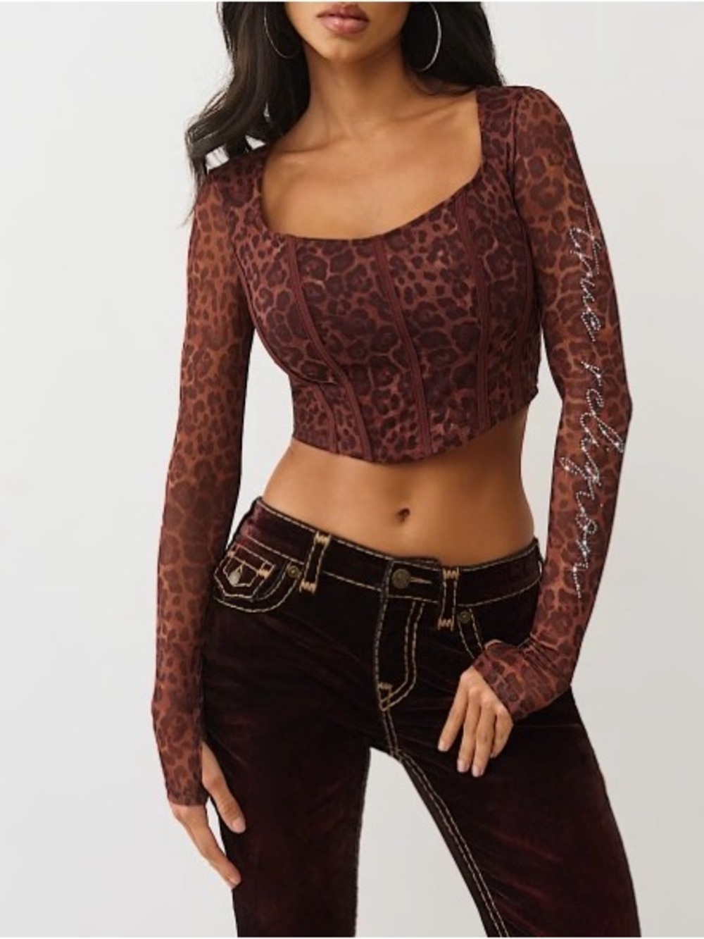 Leopard Print Long-Sleeve Crop Top - Brown by True Religion Sz m